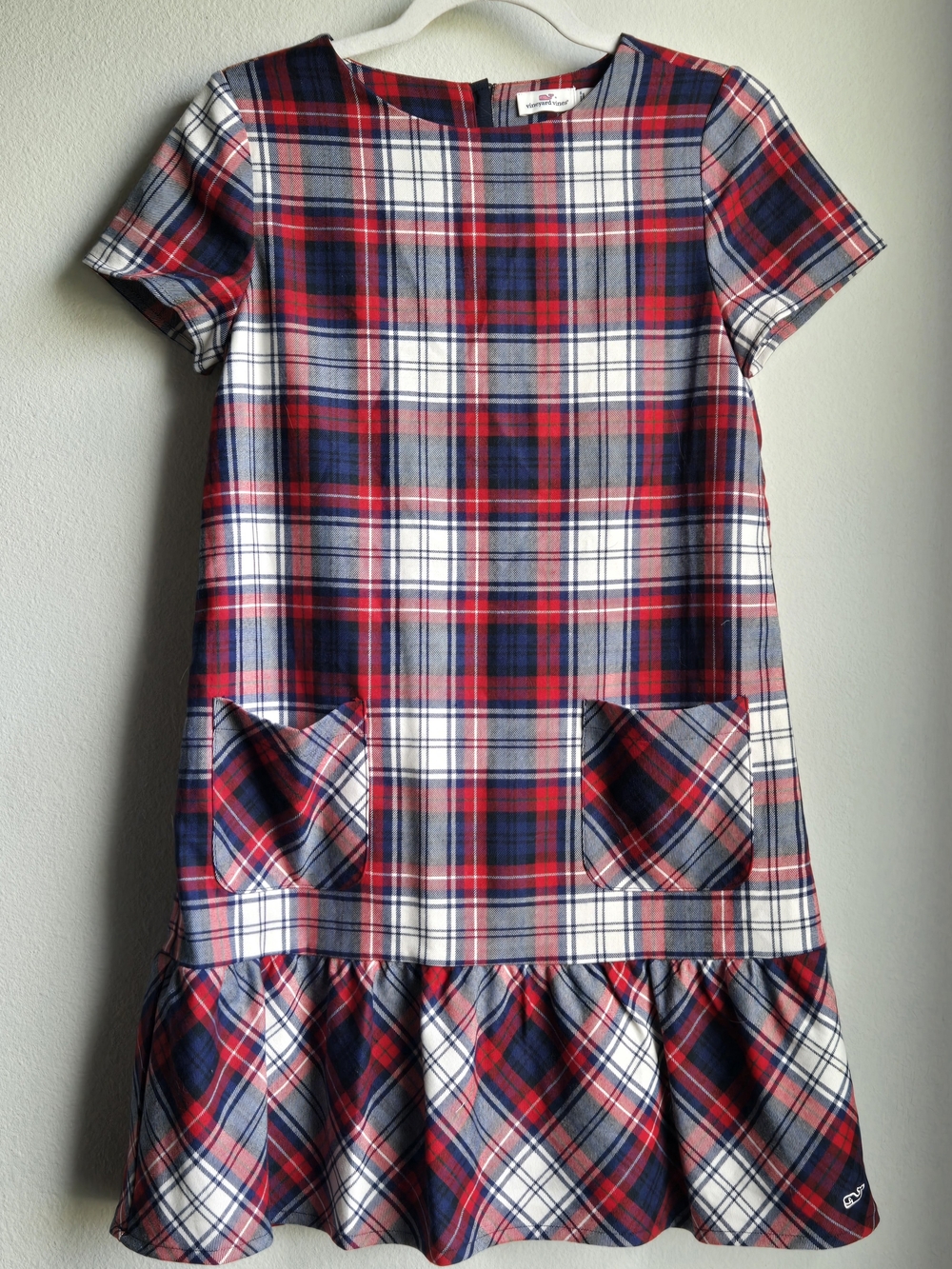 Vineyard Vines Dress Girls Sz 14 Red Blue Plaid Wool Blend Flounce SS Dress